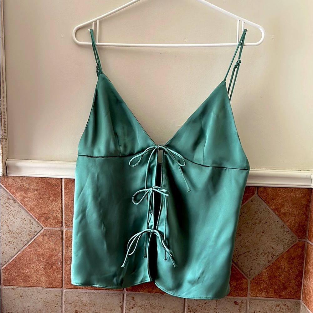 Satin green tie front shirt from Zara